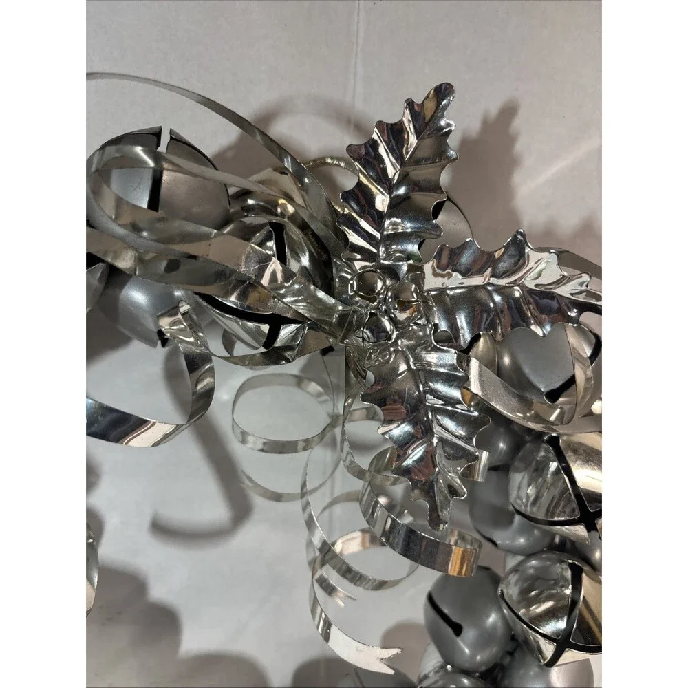 Vintage Silver Jingle Bell Wreath Metallic Holly Ribbon Christmas Door Hanger13”